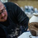 Richard Heeley at work in his pottery in Shropshire Feb 2018